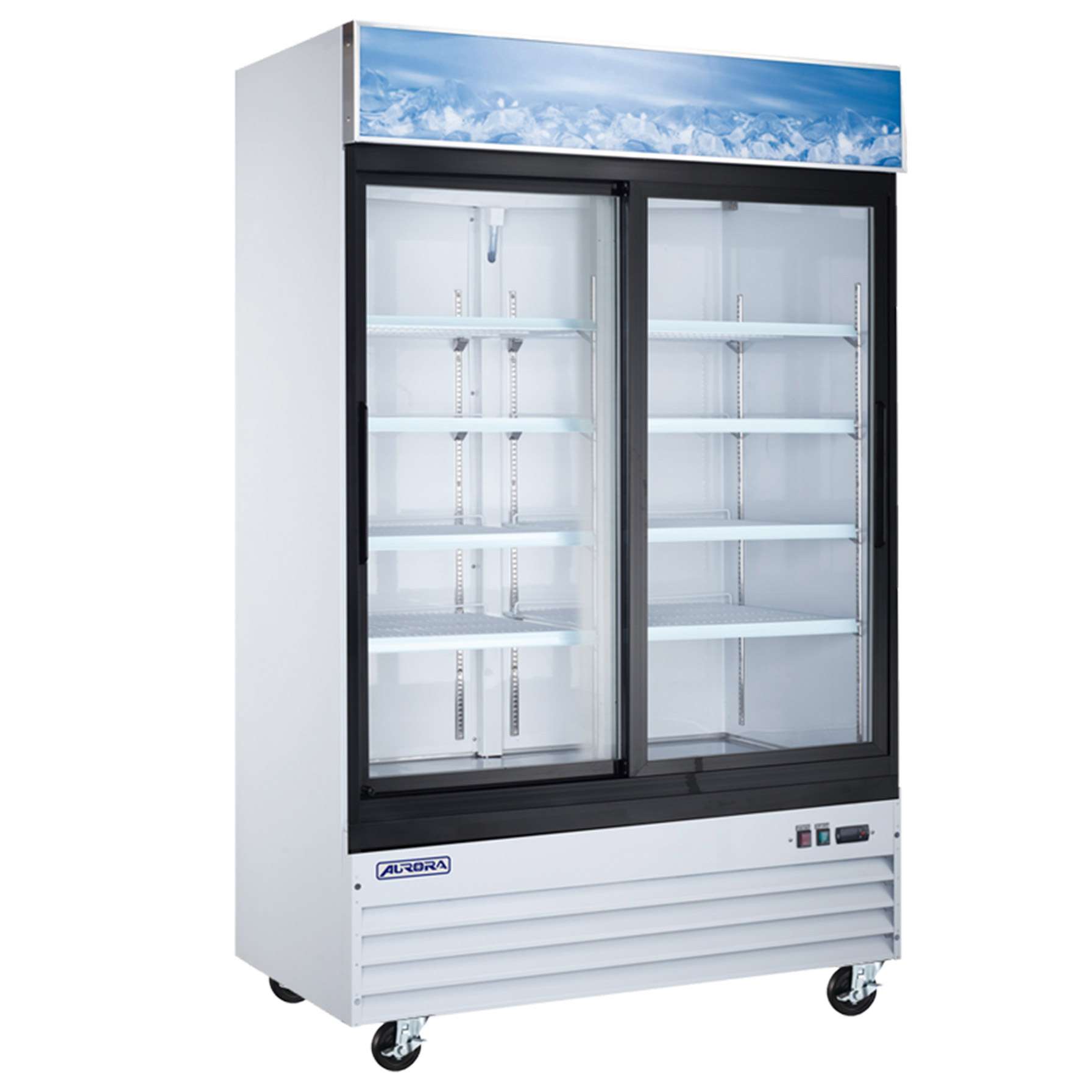 Aurora 54 in. 45 cu ft. White Reach-In Refrigerator with Two Sliding Glass Doors