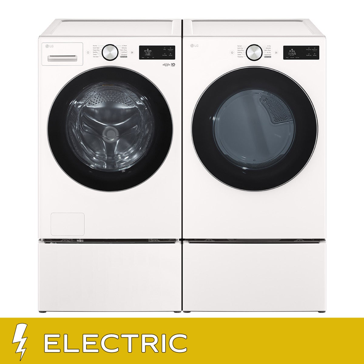 LG 5.0 cu. ft. Mega Capacity Smart Front Load Washer with TurboWash and LG 7.4 cu. ft. Ultra Large Capacity Smart Front Load Electric Dryer with Washer and Storage Pedestal