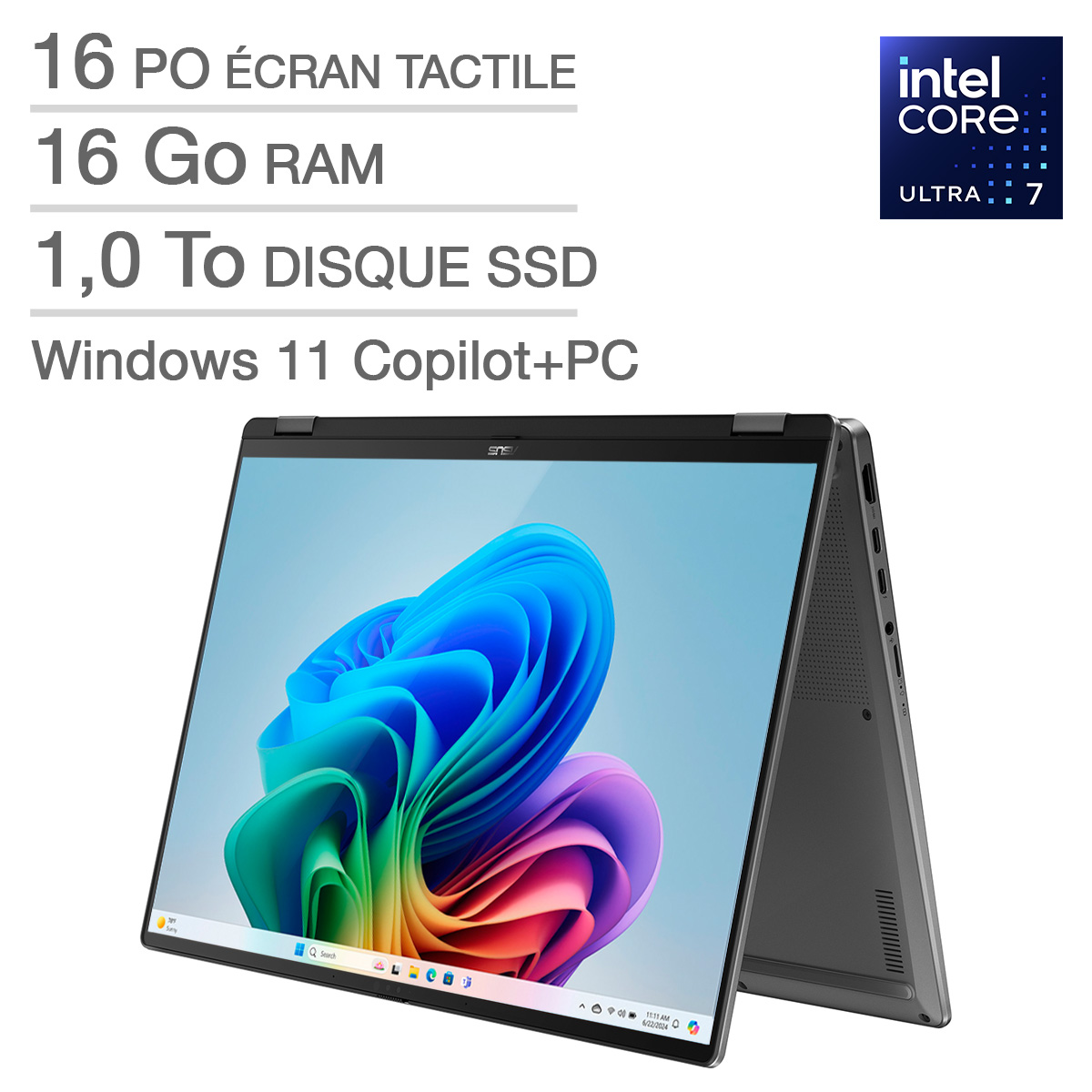 ASUS Vivobook 16 Flip – Ordinateur portable Copilot+ PC 2-en-1 écran tactile OLED de 16 po, Intel Core Ultra 7 256V – 16 Go RAM, 1 To SSD, Intel Arc