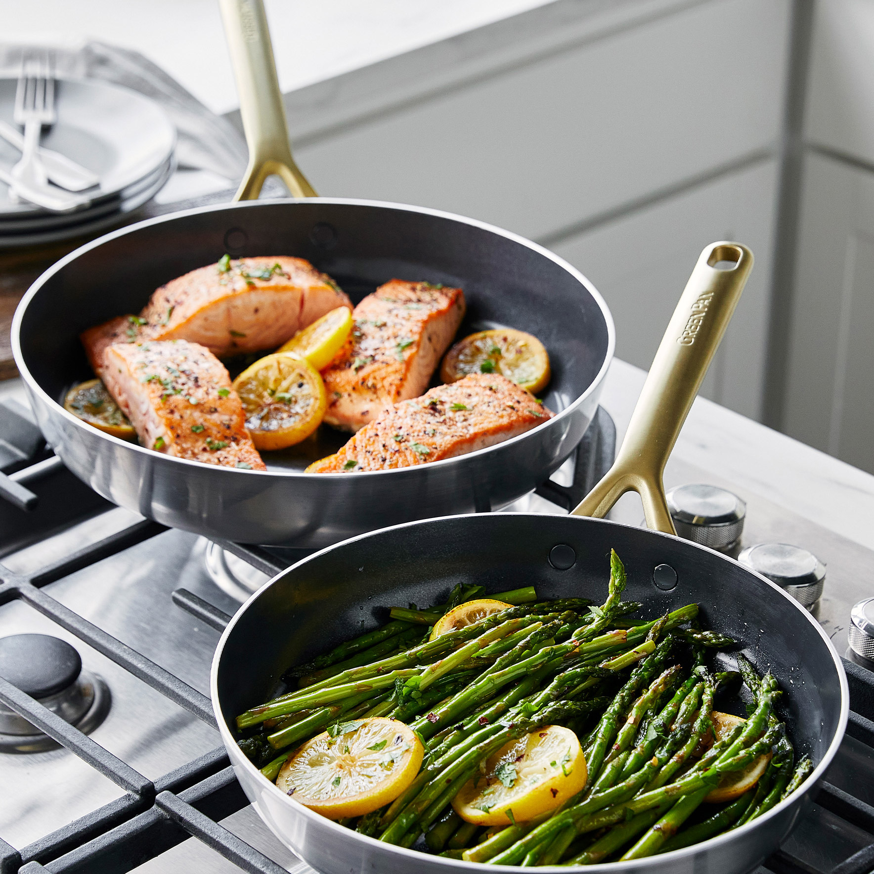 GreenPan GP5 5-ply Stainless Steel Skillet Set, Gold Handles, 2