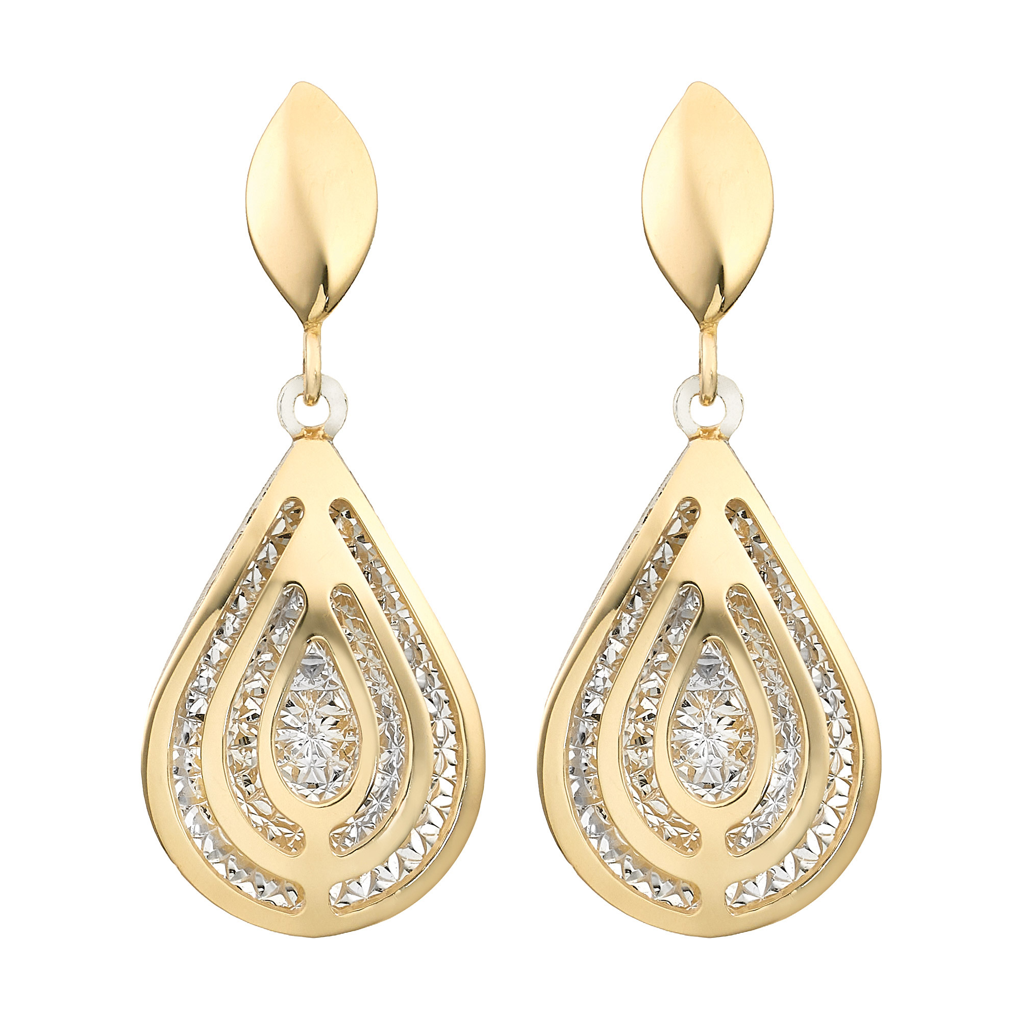 Pear Shape Dangle Earrings in Two Tone Gold