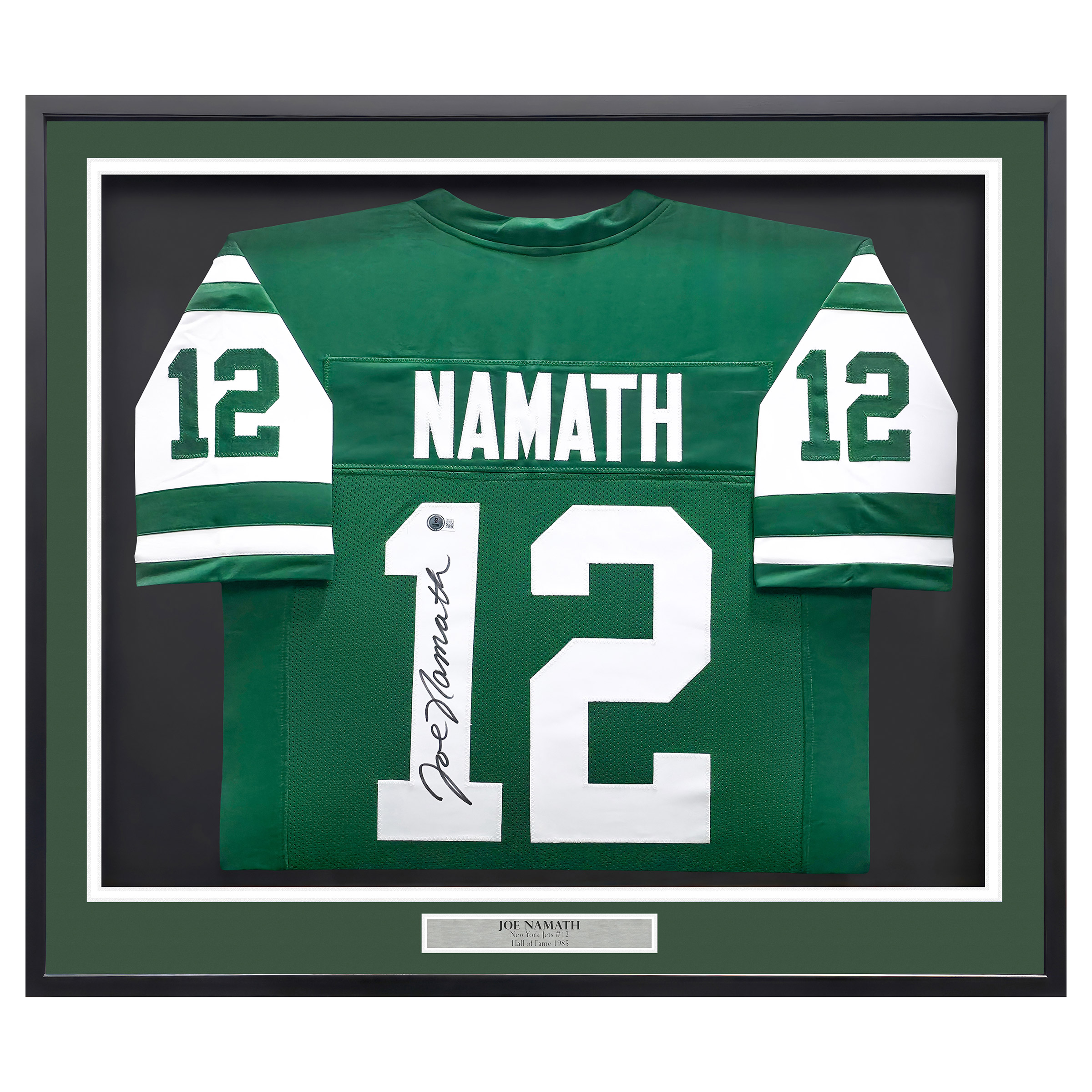 Joe Namath Autographed Framed Green Jersey New York Jets - Beckett Authenticated