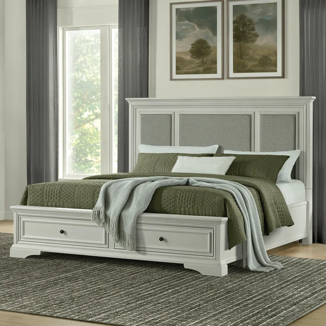 Anistyn Wood Bed Frame with Upholstered Headboard, Gray Finish, King