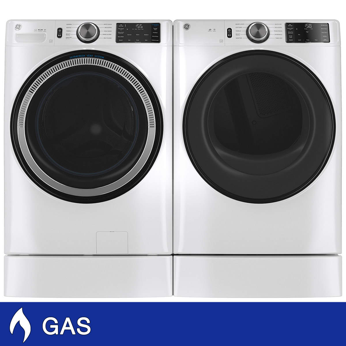 GE 4.8 cu. ft. Washer with Microban and 7.8 cu. ft. GAS Laundry Package with 7 inch Risers