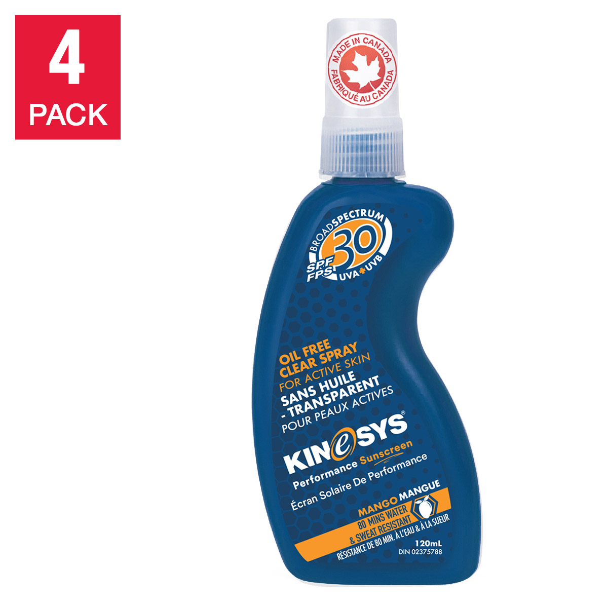 KINeSYS Mango Sunscreen Spray SPF 30, 4 x 120 mL