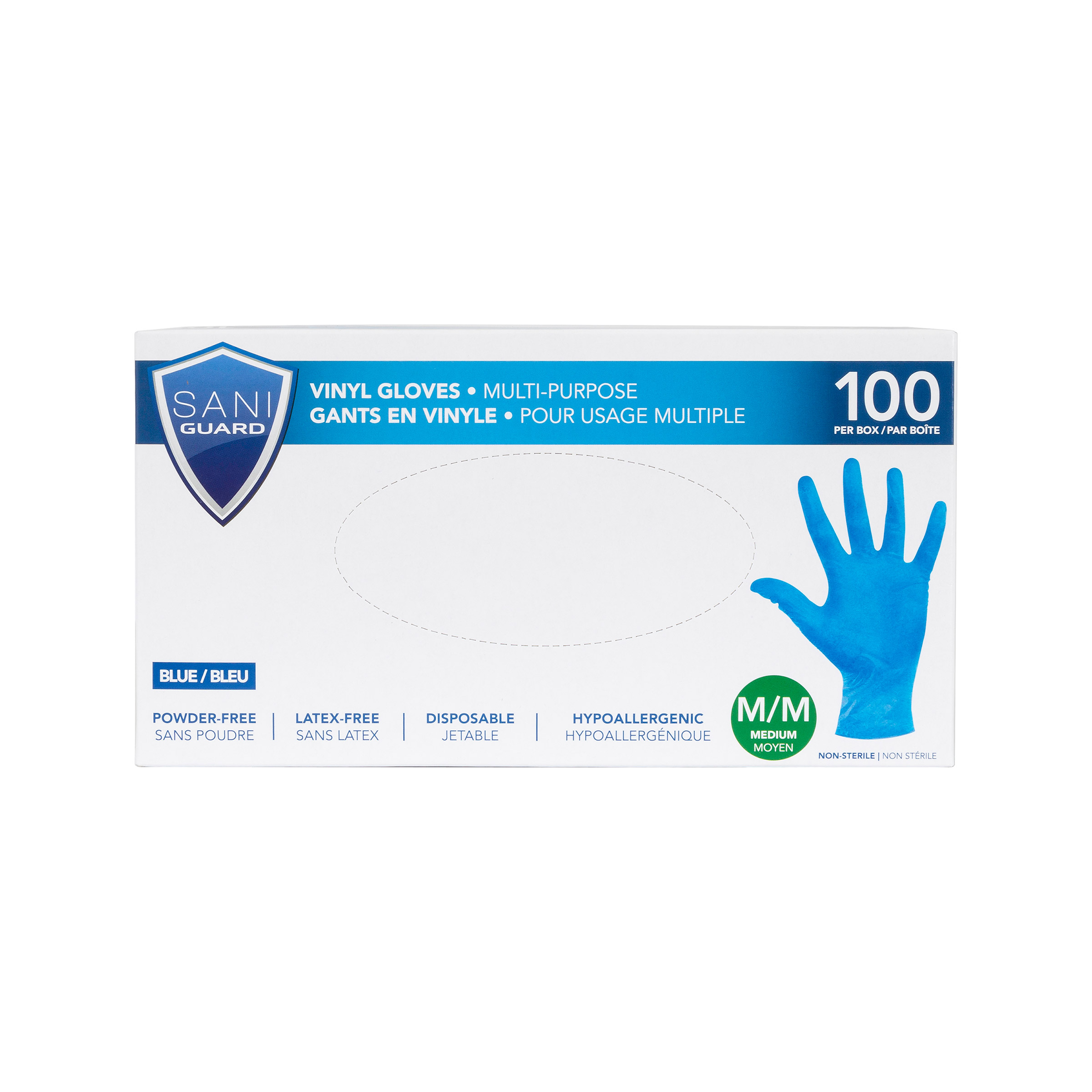 Sani Guard Blue Vinyl Gloves, Medium, 10-packs of 100