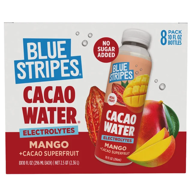 BLUE STRIPES CACAO WATER MANGO 8 PACK 10 OUNCES EACH