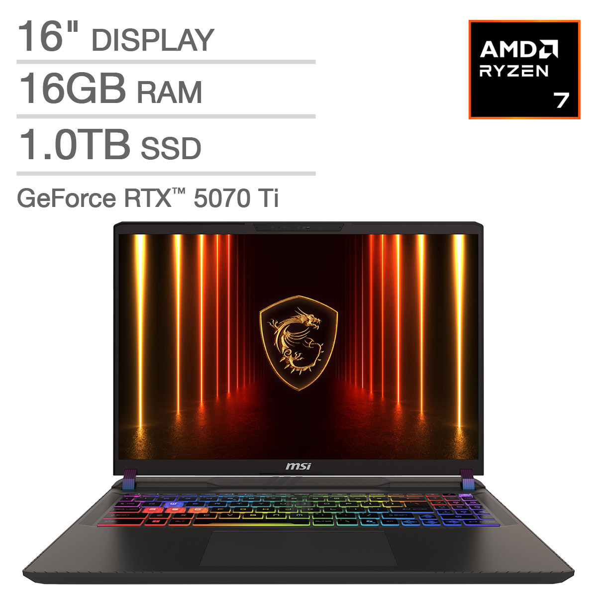 MSI Vector A16 HX 16" Gaming Laptop - AMD Ryzen 7 8840HX  - NVIDIA RTX 5070 Ti - 2560x1600 - 16GB RAM - 1TB SSD - Window