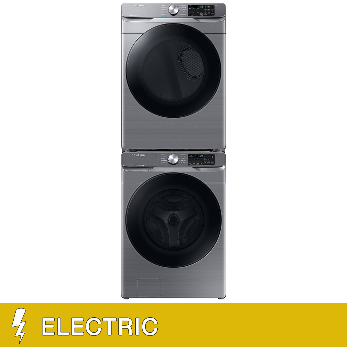 Samsung 4.5 cu. ft. Large Capacity Smart Front Load Washer with Super Speed Wash and 7.5 cu. ft. Smart ELECTRIC Dryer with Stacking Kit