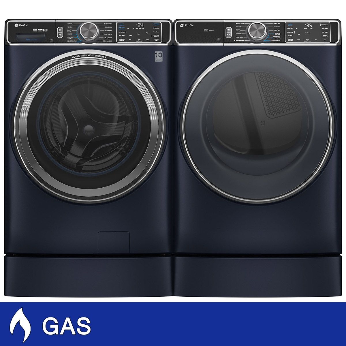 GE Profile 5.3 cu. ft. Front Load Washer with UltraFresh Vent System+ and 7.8 cu. ft. Front Load GAS Dryer with Steam and Sanitize Cycle with 7 inch Risers