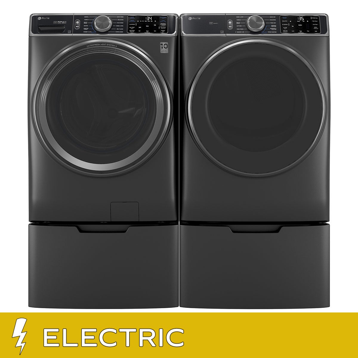 GE Profile 5.5 cu. ft. Smart Front Load Washer with UltraFresh Vent System+ and 7.8 cu. ft. Smart ELECTRIC Front Load Dryer with Steam and Sanitize Cycle with Storage Pedestals