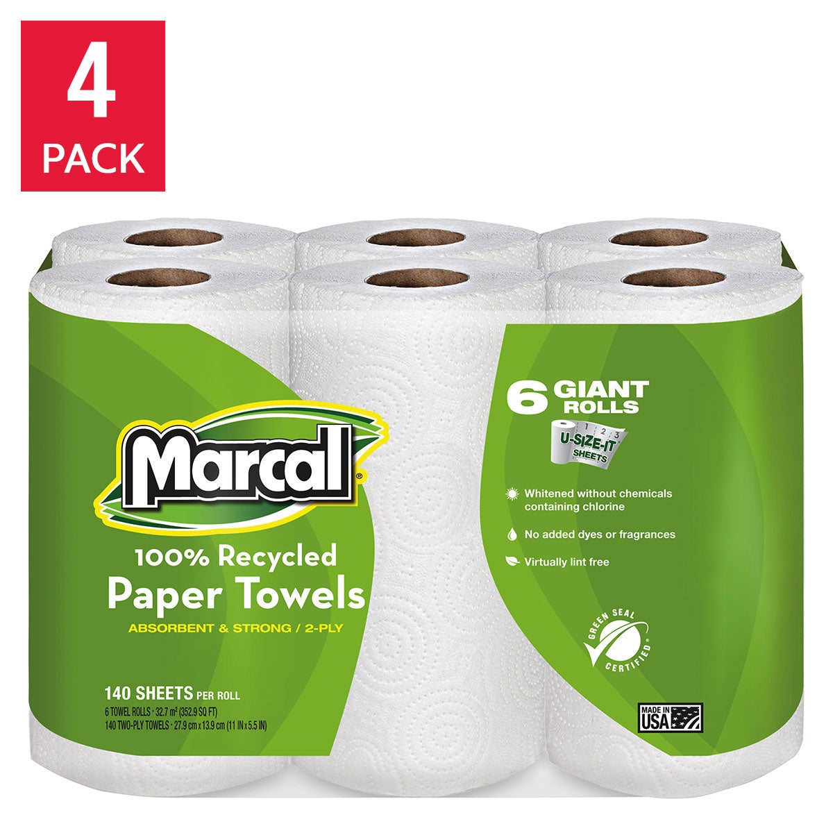 まるまるこ Marcal 100% Recycled Paper Towels, 2-Ply, 140 Sheets, 24 Rolls