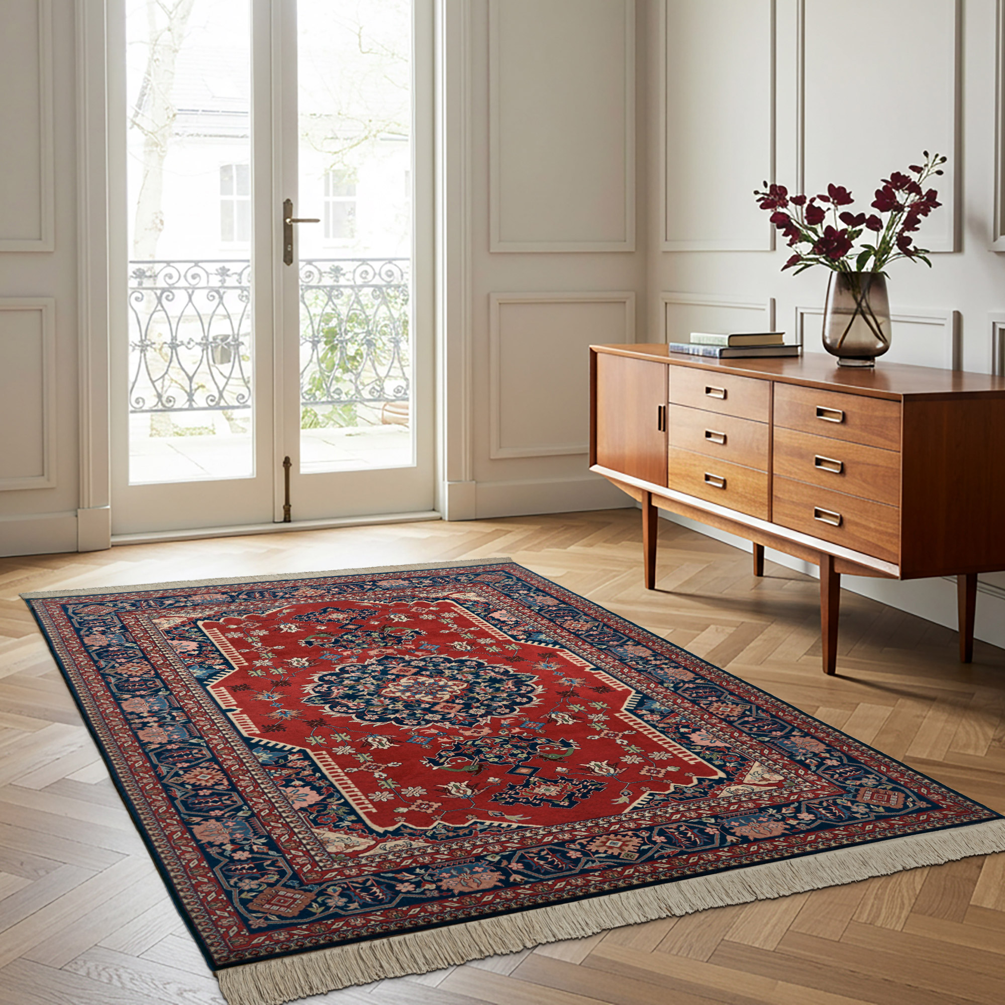 Montacute Hand Knotted Rug Collection  Churchill Medallion Red Navy