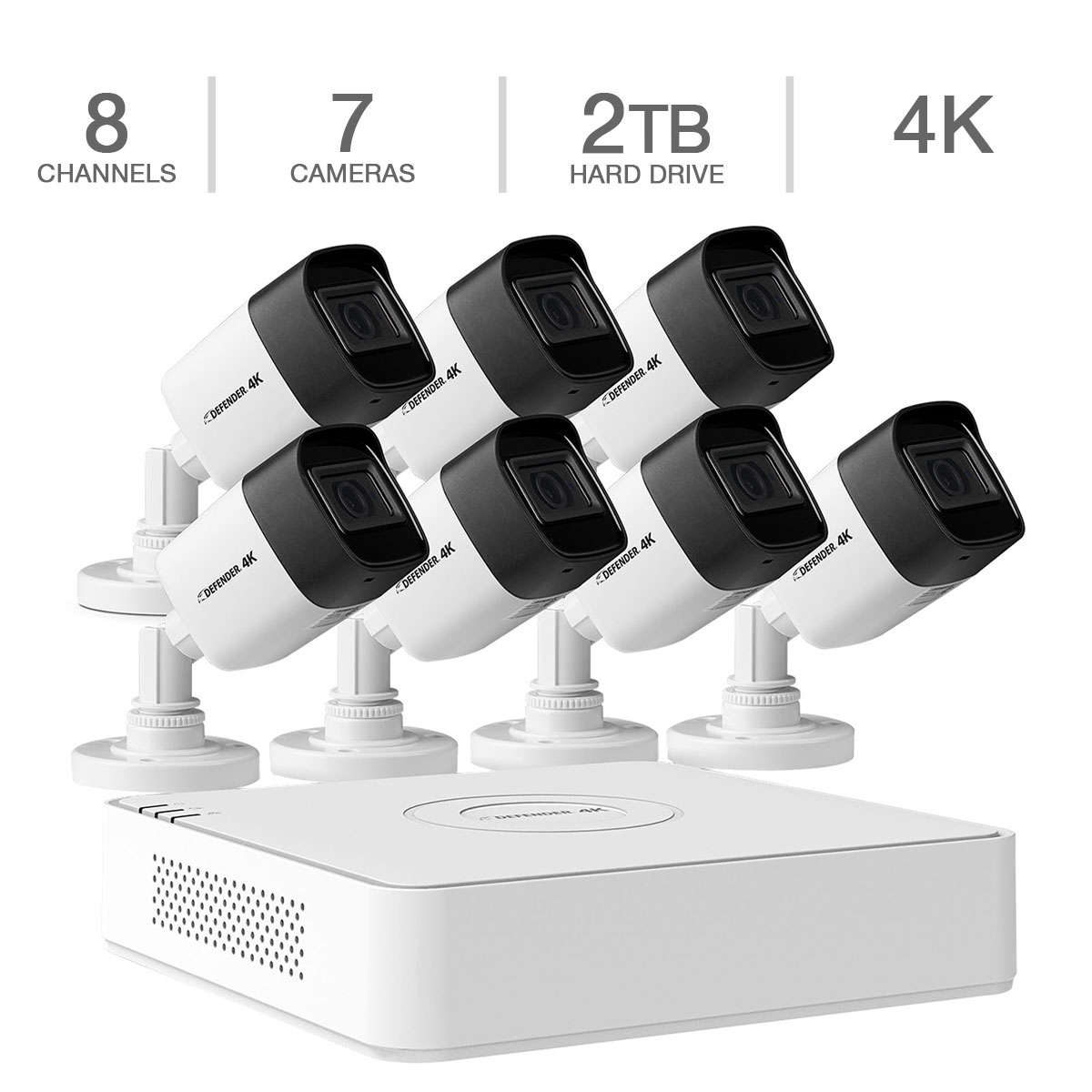 Defender 8-channel Wired 4K UHD DVR Security Surveillance System with 2TB HDD and 7 Wired 4K Bullet Cameras