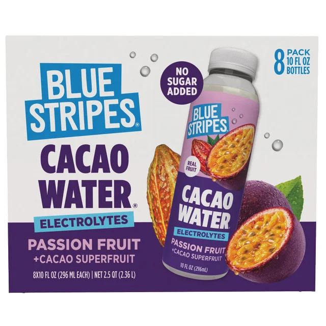 BLUE STRIPES CACAO WATER PASSIONFRT 8 PACK 10 OUNCES EACH