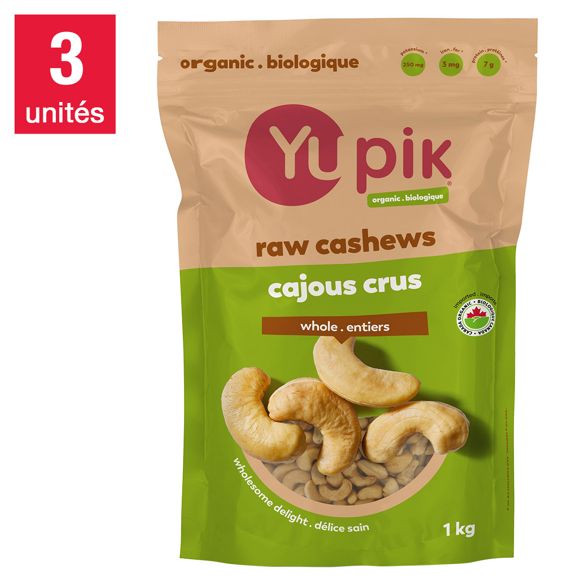 Yupik – Noix de cajou biologiques crues, 3 × 1 kg