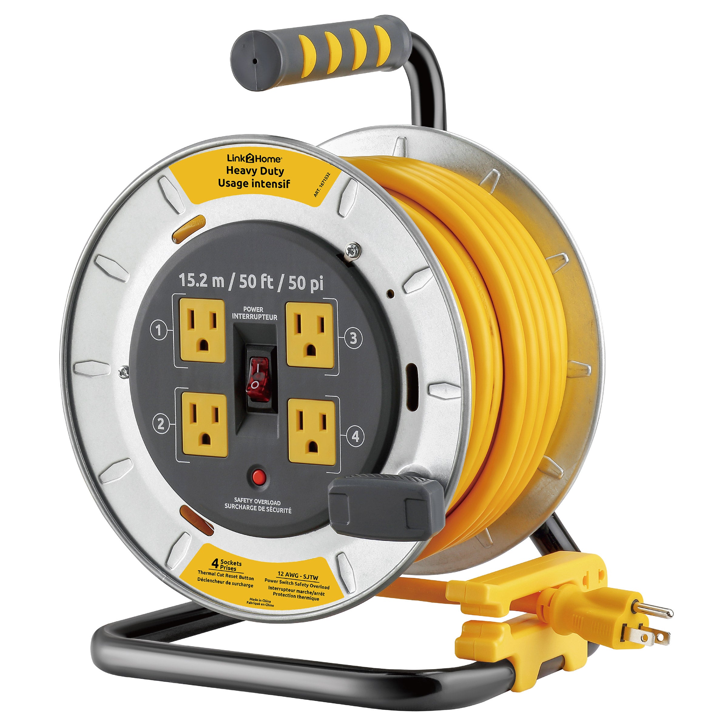 Link2Home Professional Grade Metal Cord Reel 50ft 12AWG Extension