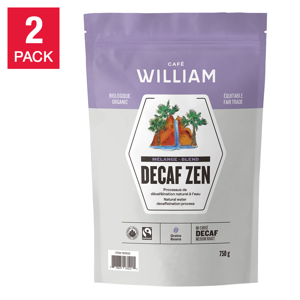 Café William Naturally Decaffeinated Medium Roast Fair Trade and Organic Whole Bean Coffee, 2 x 750 g