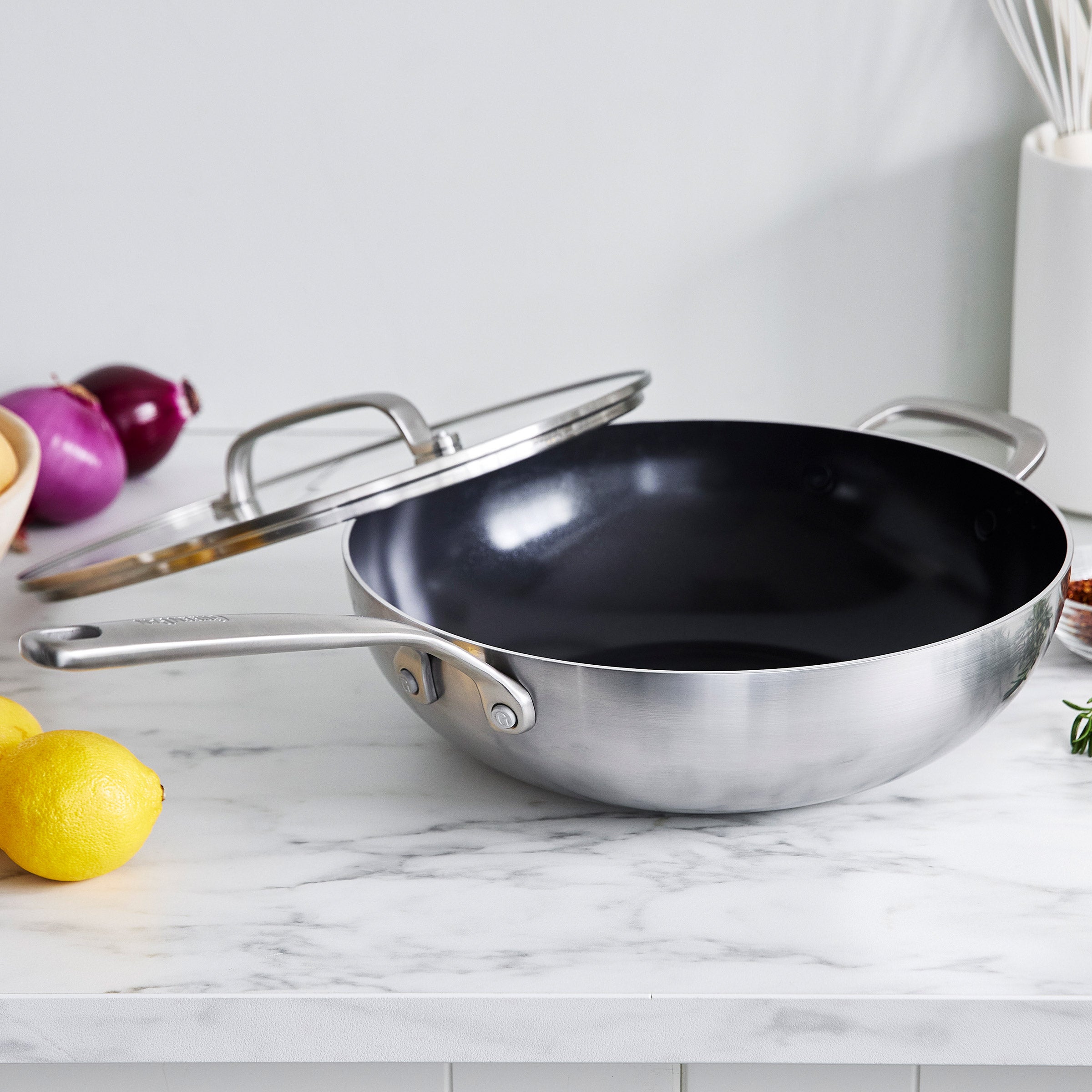 GreenPan GP5 Vista Stainless Steel 5-Quart Wok with Lid + Helper