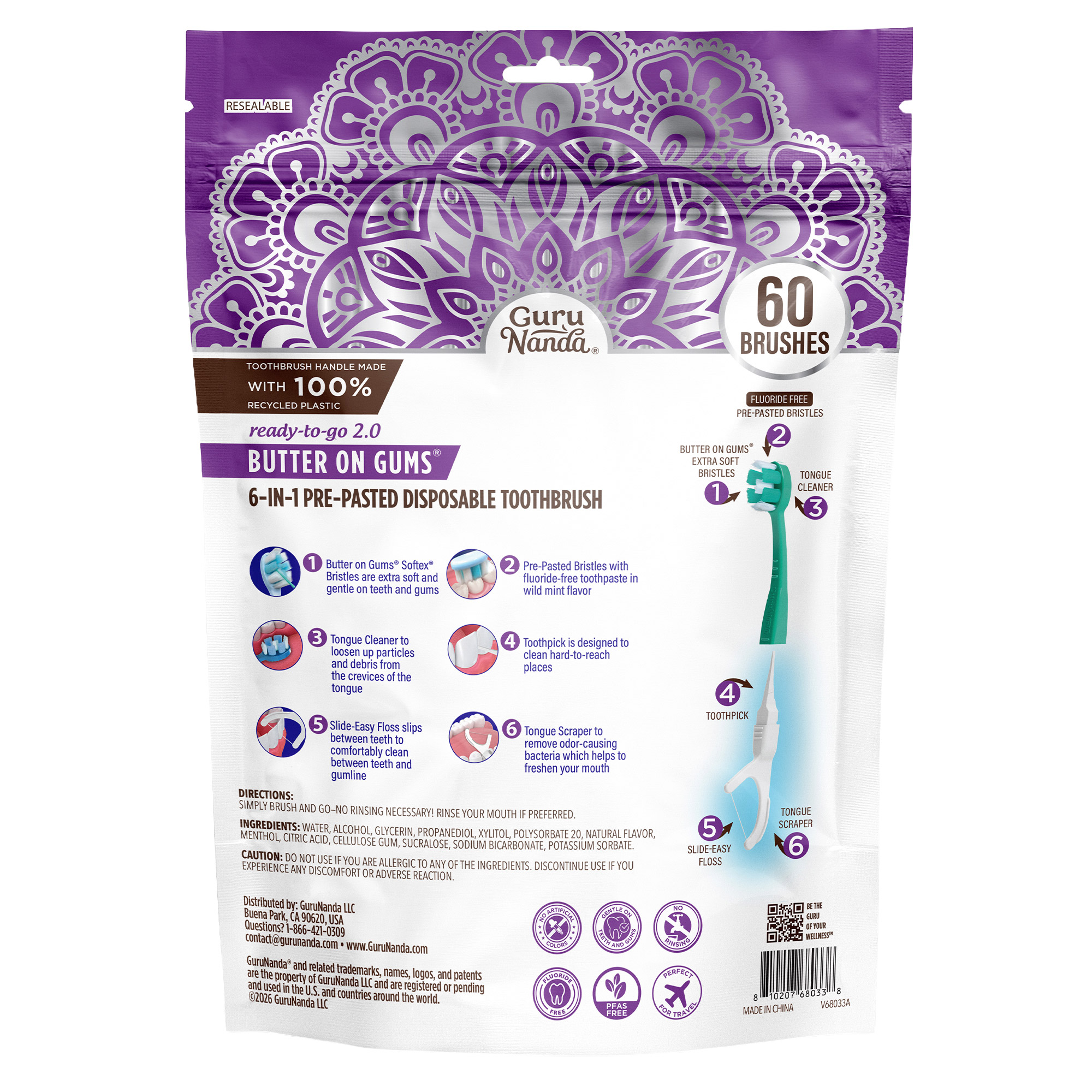 GuruNanda Butter on Gums 6-In-1 Pre-Pasted Disposable Toothbrush