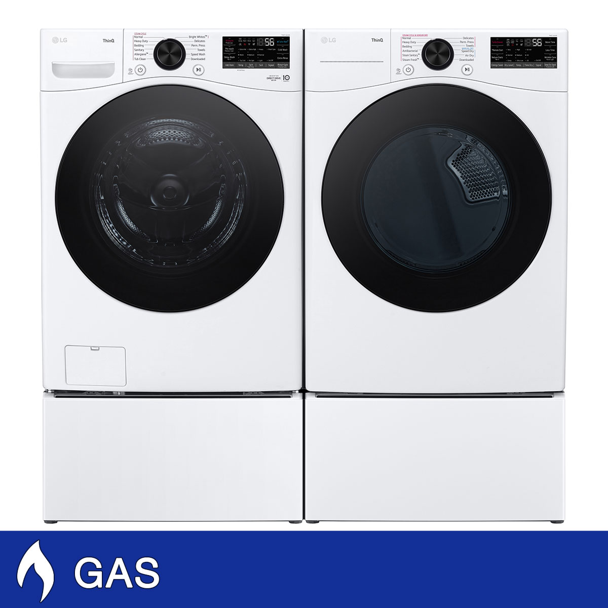 LG 4.5 cu. ft. Front Load Washer with TurboWash 360 and 7.4 cu. ft. GAS Dryer with TurboSteam and Built-In Intelligence with Washer and Storage Pedestal