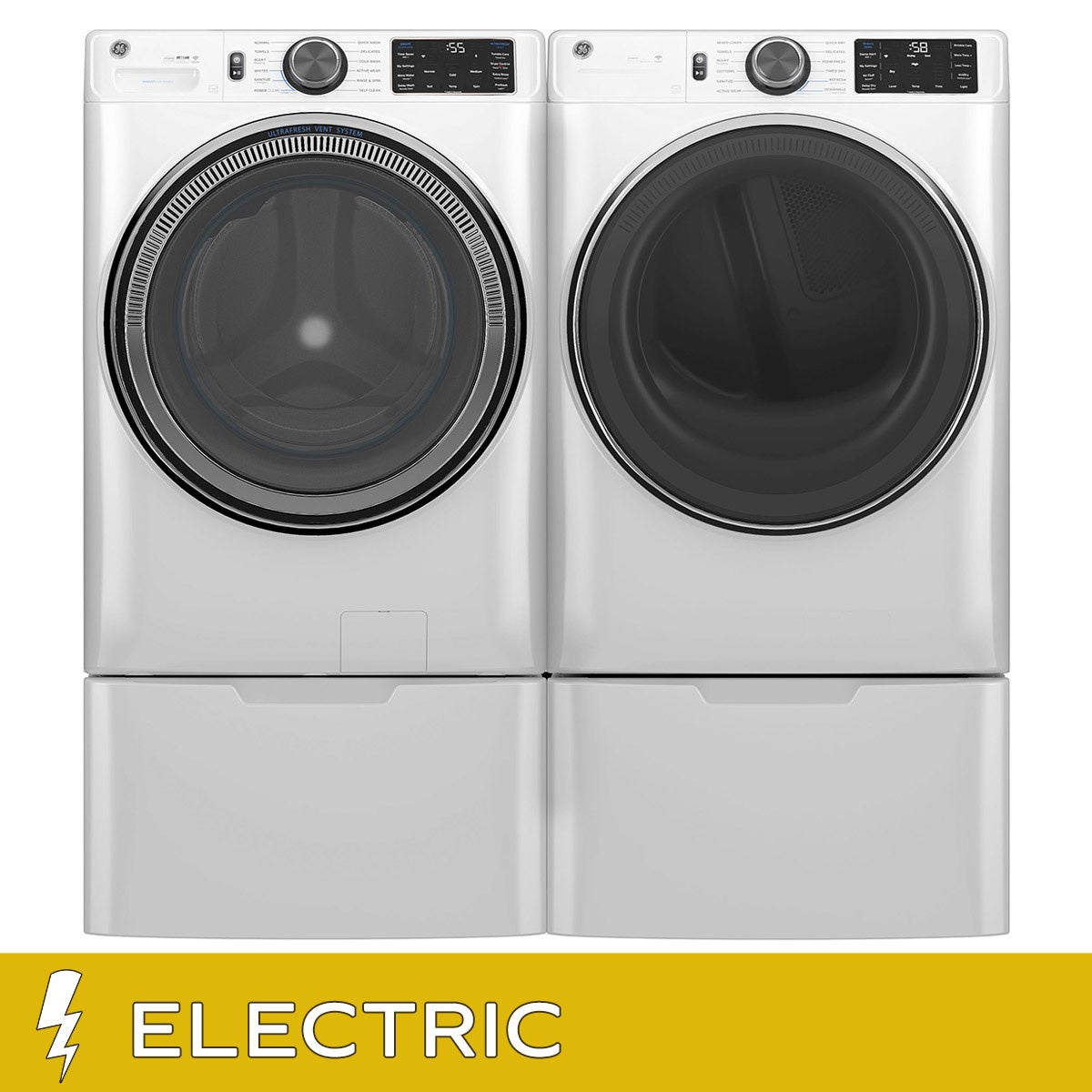 GE 5.0 cu. ft. Front Load Steam Washer with SmartDispense and 7.8 cu. ft. ELECTRIC Dryer with Steam and Sanitize Cycle Laundry Package with Storage Pedestals