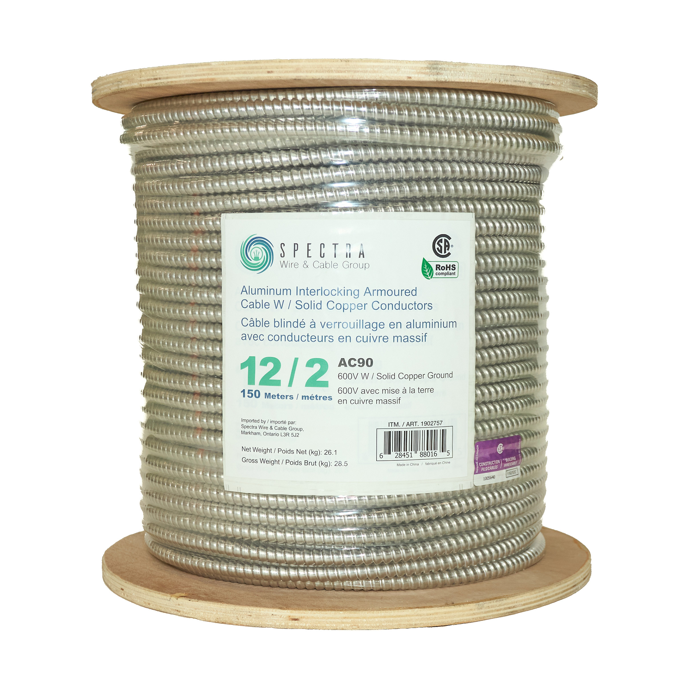 Spectra Aluminum Interlocking Armour Cable 12/2 AC90 with Solid Copper, 150 meters