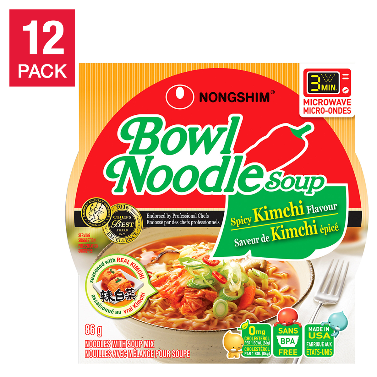 Nongshim Bowl Noodle Soup, Spicy Kimchi 86 g, 12 x 86 g