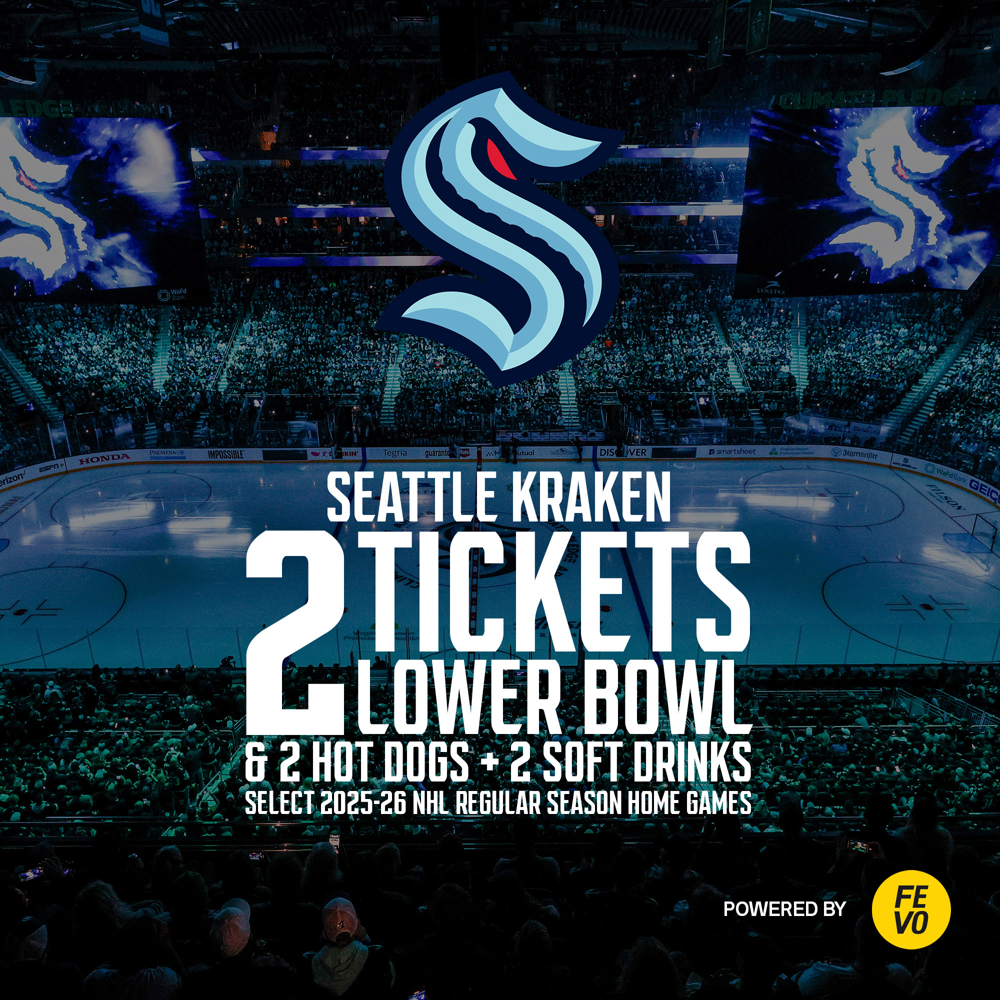 NHL Seattle Kraken - Two Lower Bowl Tickets + 2 Hot Dogs & 2 Soft Drinks  eVoucher
