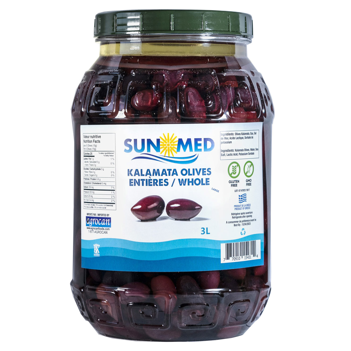 Sun Med Whole Kalamata Olives, 3 L