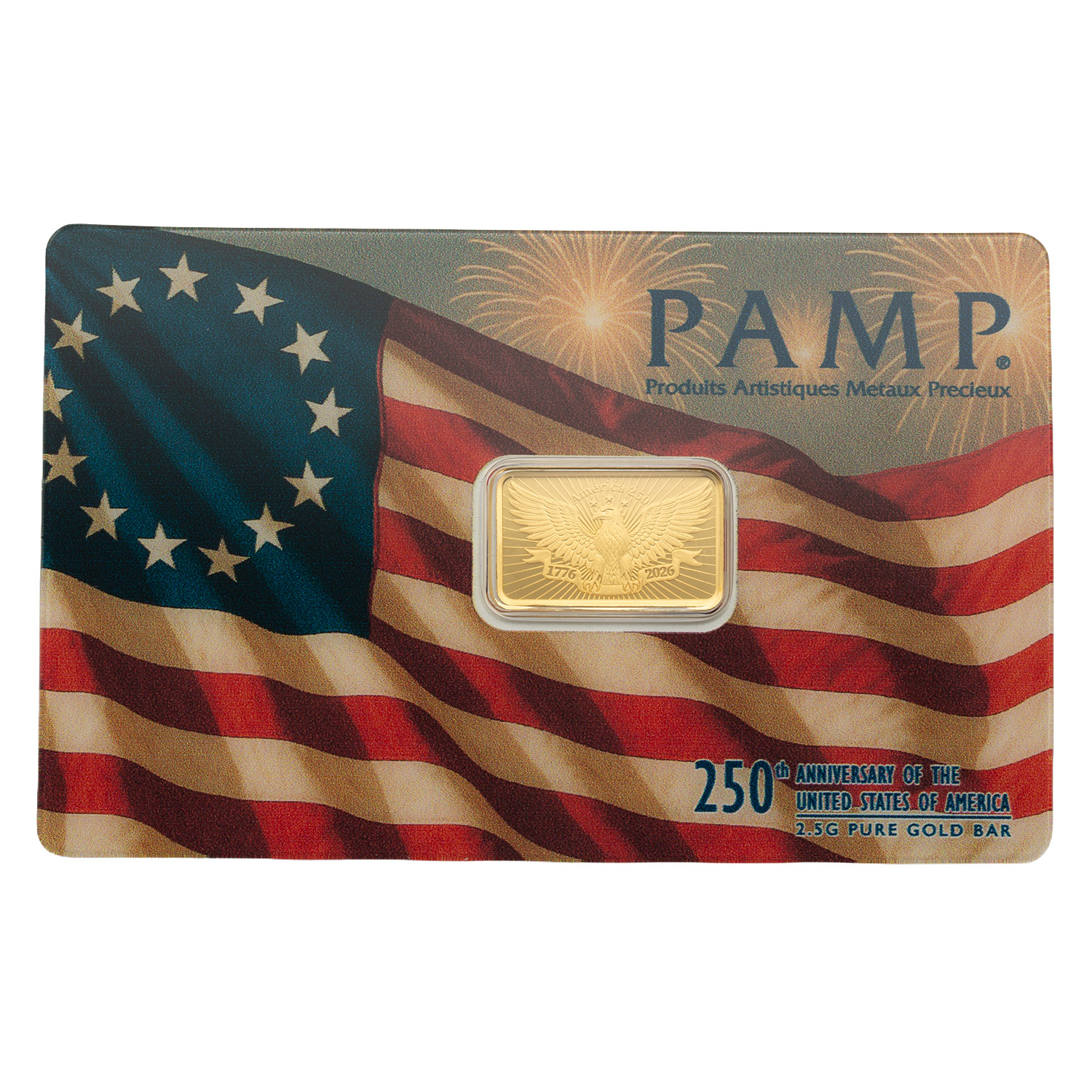 2.5 gram Gold Bar PAMP 250th Anniversary of the USA (New in Assay)