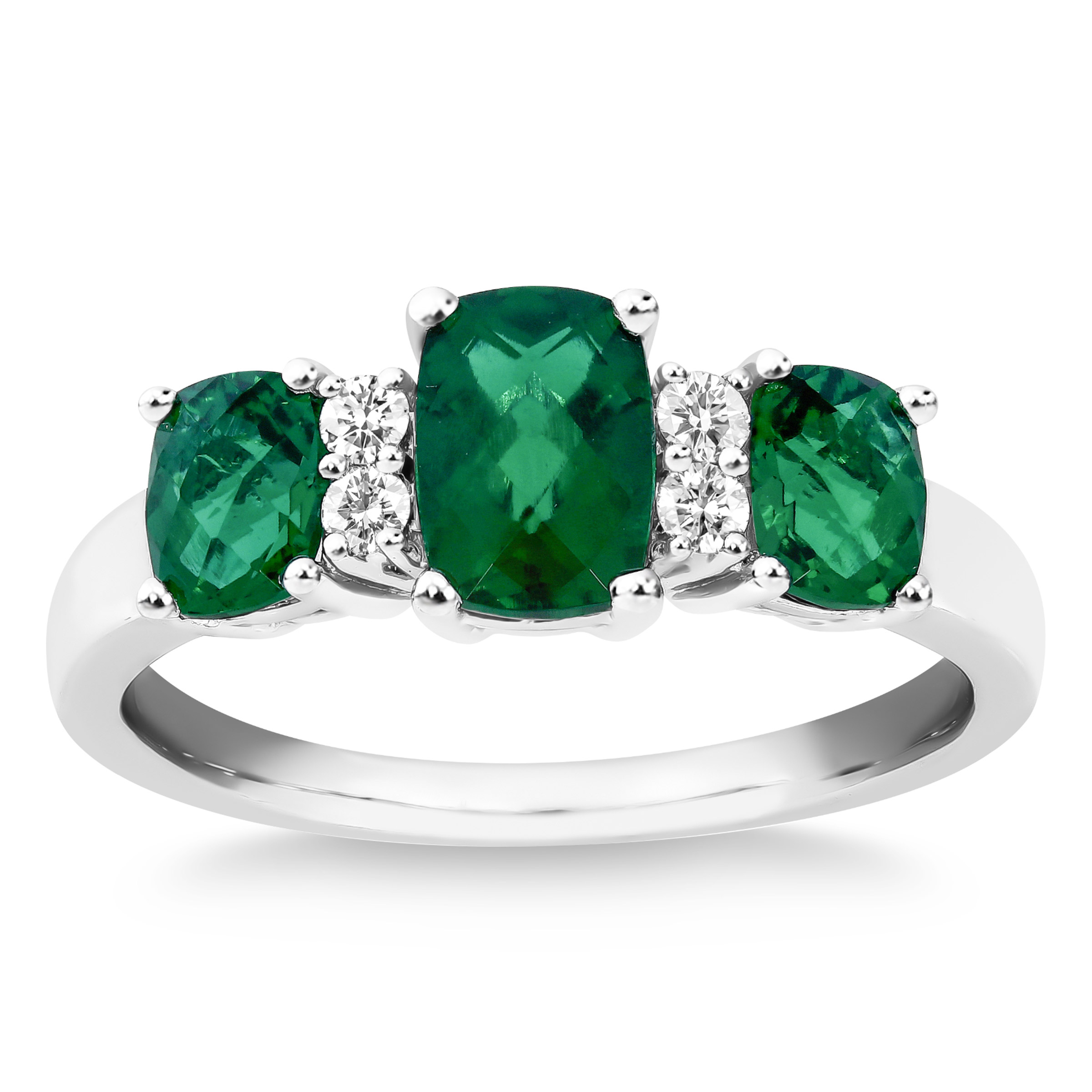 Three Stone Cushion Cut Lab Created Emerald and Diamond Ring (0.10 ctw)