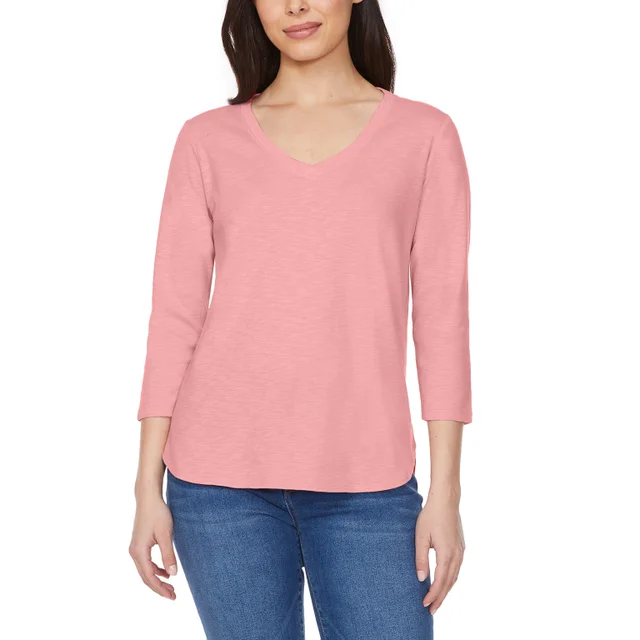 KIRKLAND SIGNATURE WOMEN'S V-NECK 3/4 SLEEVE SLUB TEE