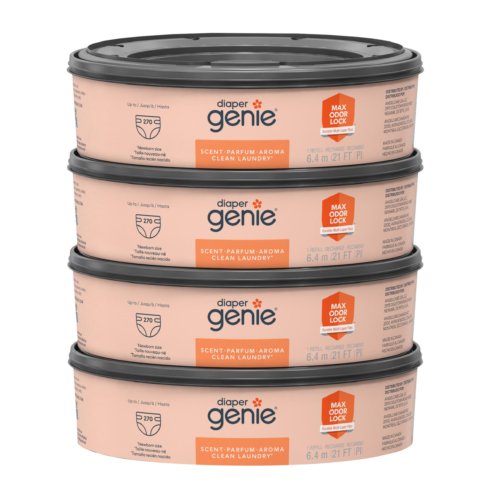 Diaper Genie Clean Laundry Scent Round Refill 4-pack  1080-count  Plus 2 Carbon Filters