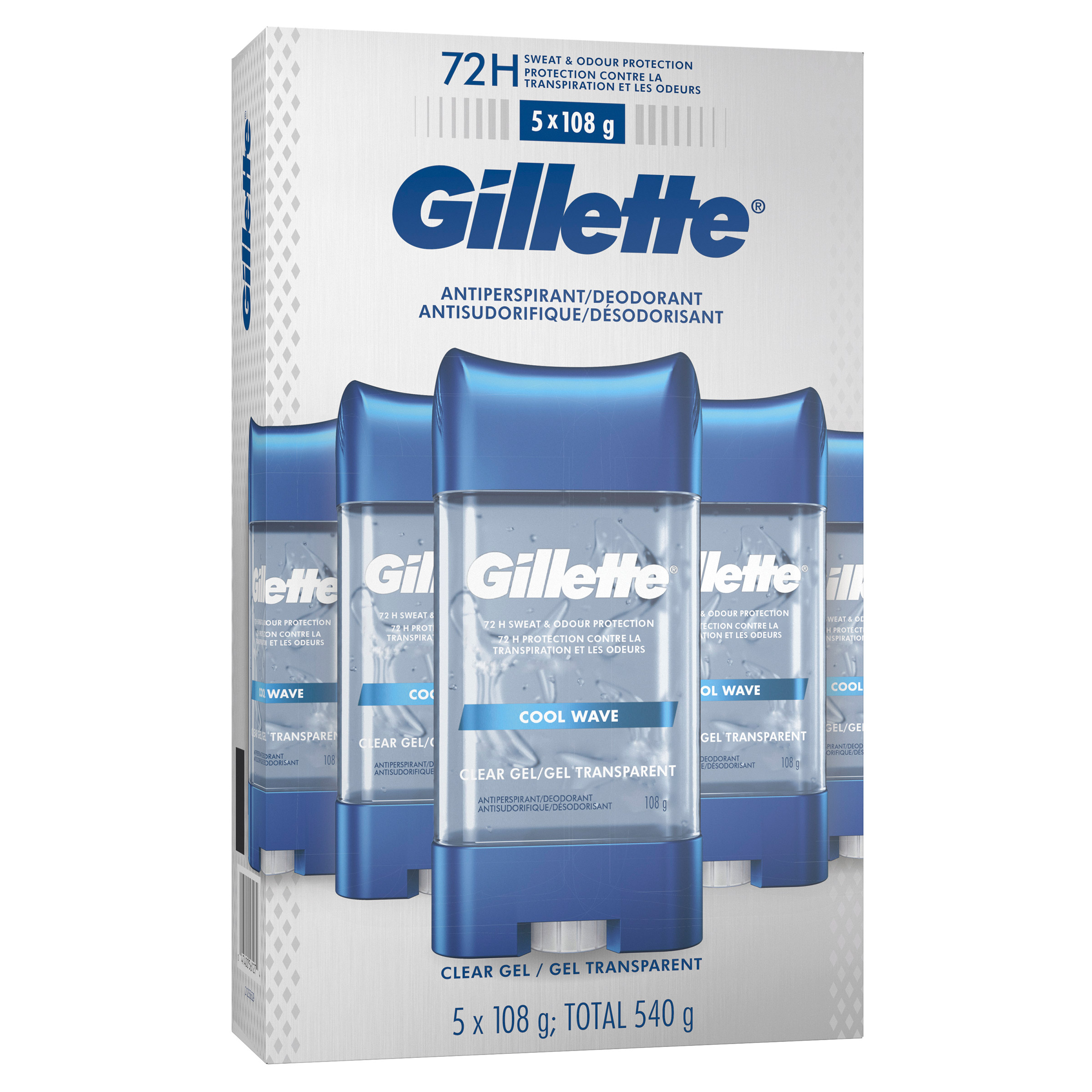Gillette Antiperspirant Deodorant, Clear Gel, Cool Wave, 5 X 108 g