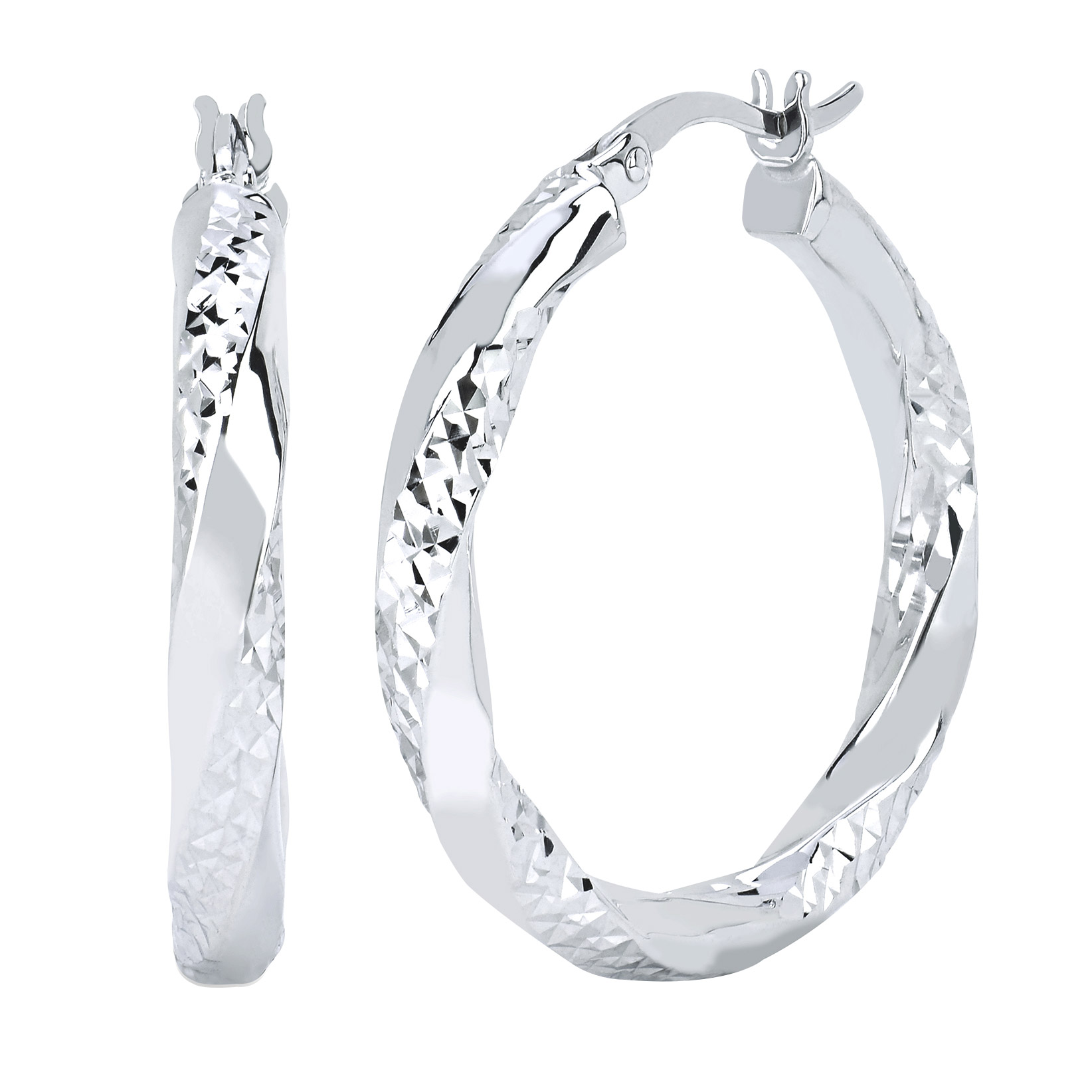 Diamond Cut Twisted Hoop Earrings in White Gold