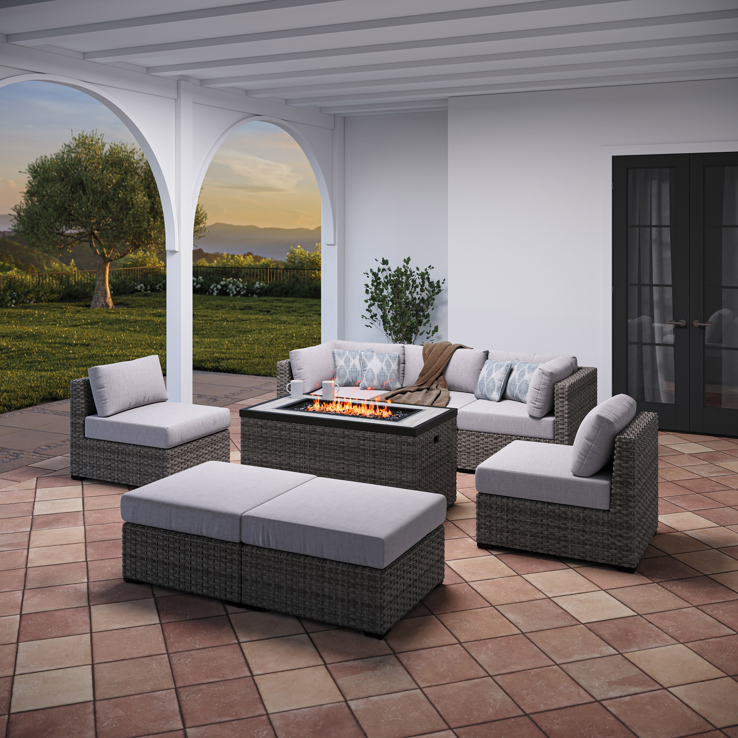 SunVilla Dorian 8-piece Fire Outdoor Patio Modular Seating Set