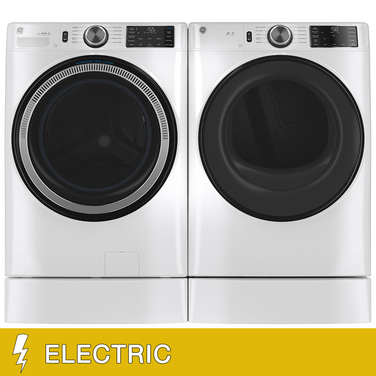 GE 4.8 cu. ft. Washer with Microban and 7.8 cu. ft. ELECTRIC Dryer Laundry Package with 7 inch Risers
