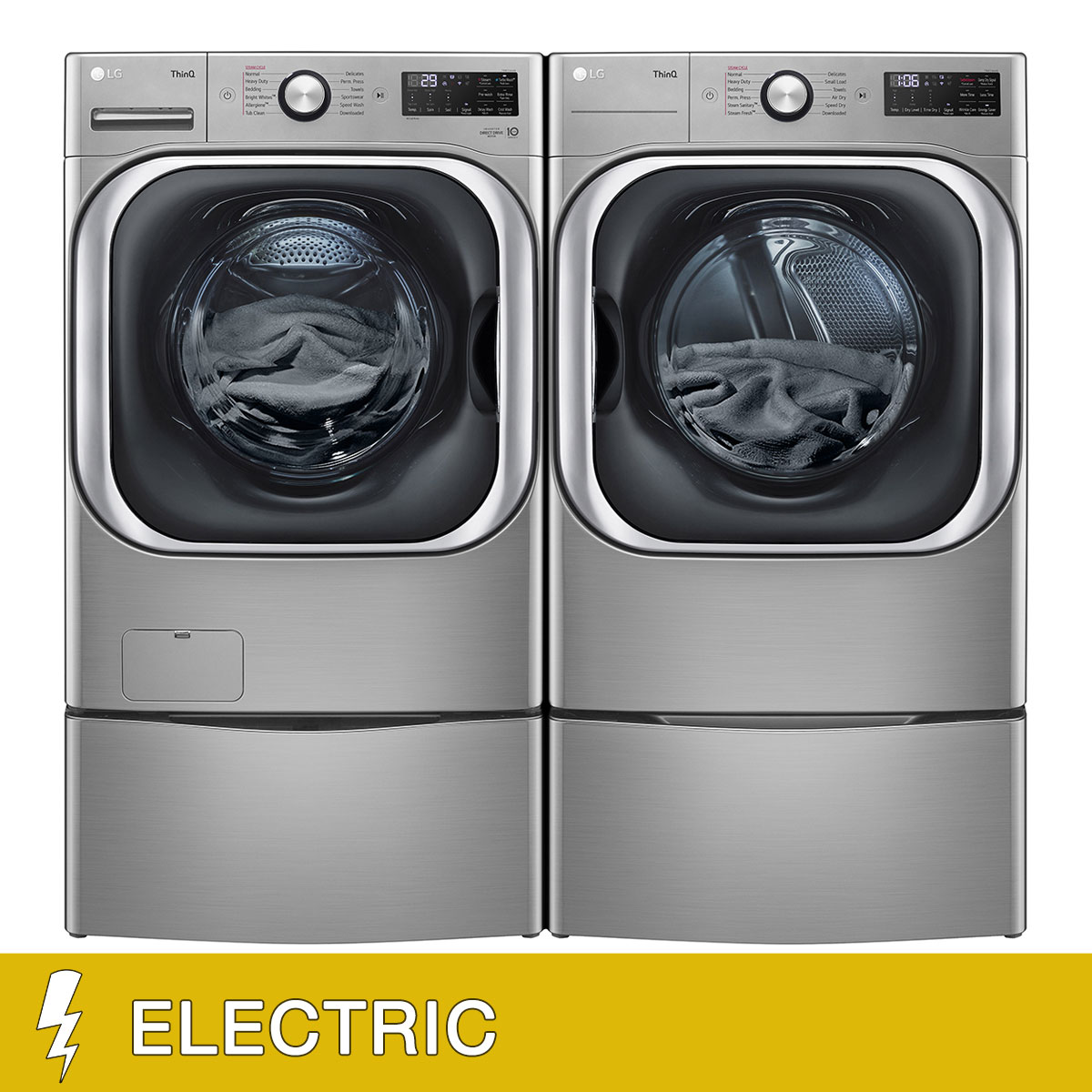 LG 5.2 cu. ft. Mega Capacity Front Load Washer and 9.0 cu. ft. Mega Capacity ELECTRIC Dryer with Built-In Intelligence with Washer and Storage Pedestal