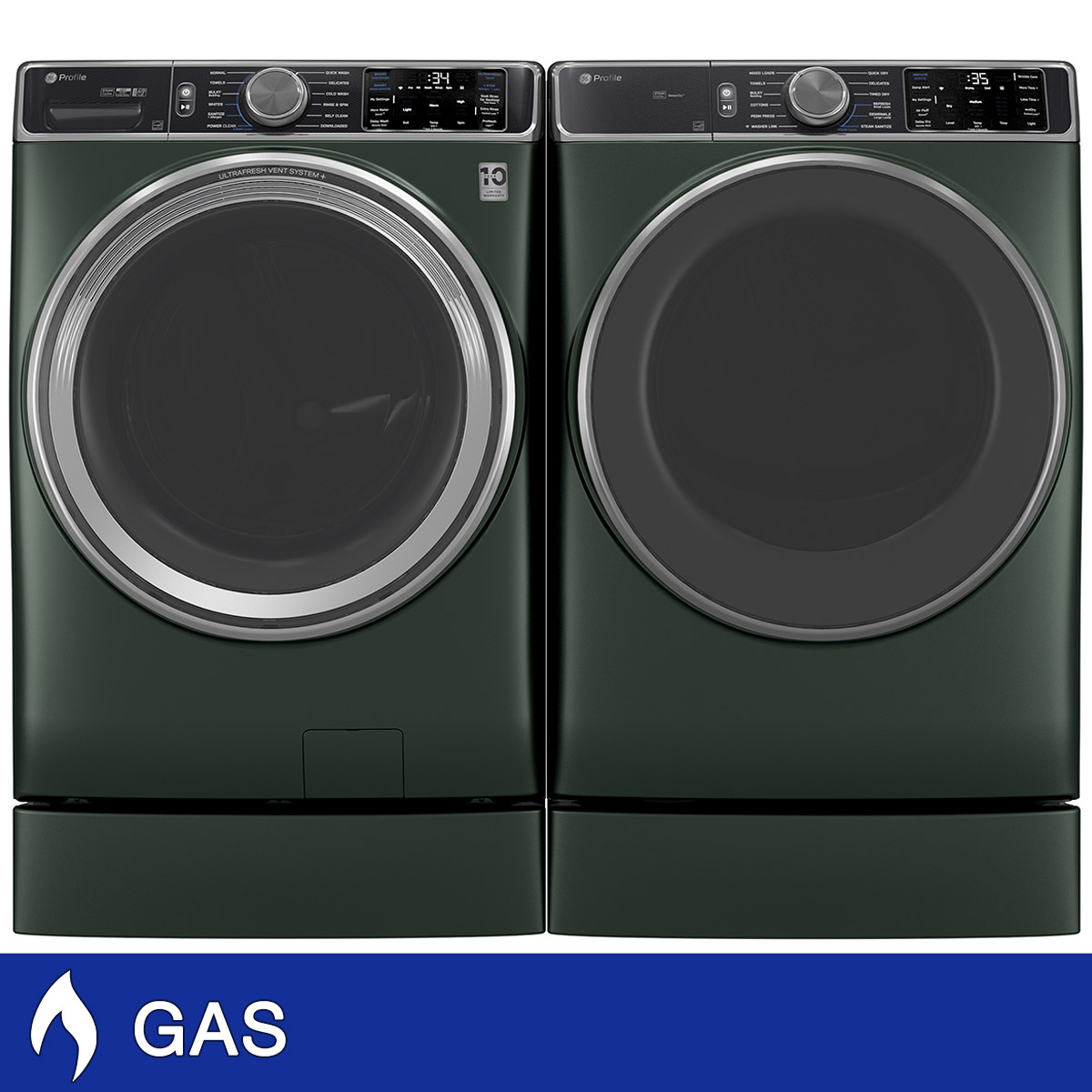 GE Profile 5.5 cu. ft. Smart Front Load Washer with UltraFresh Vent System+ and  7.8 cu. ft. Smart GAS Front Load Dryer with Steam and Sanitize Cycle with Stacking Kit