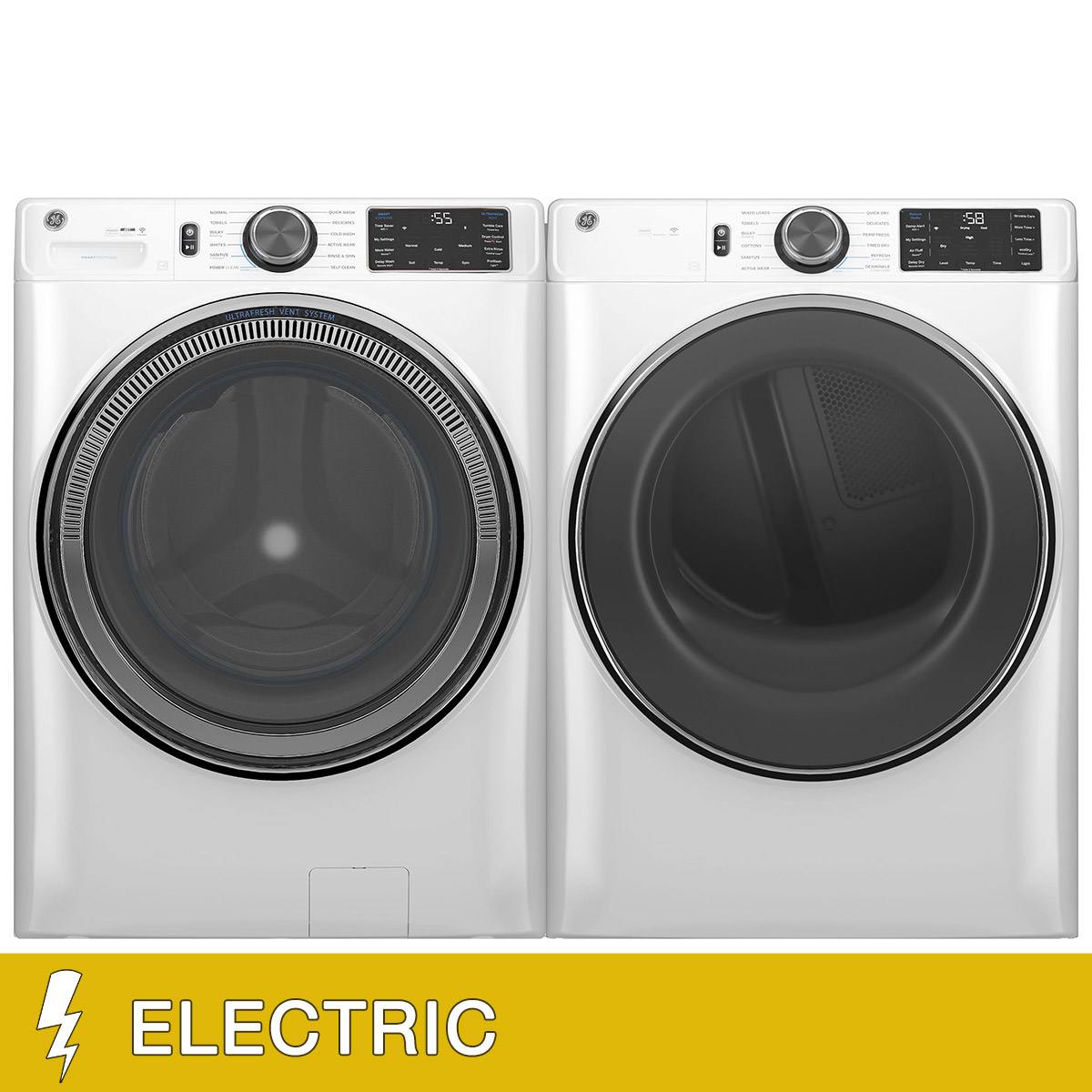 GE 5.0 cu. ft. Front Load Steam Washer with SmartDispense and 7.8 cu. ft. ELECTRIC Dryer with Steam and Sanitize Cycle Laundry Package