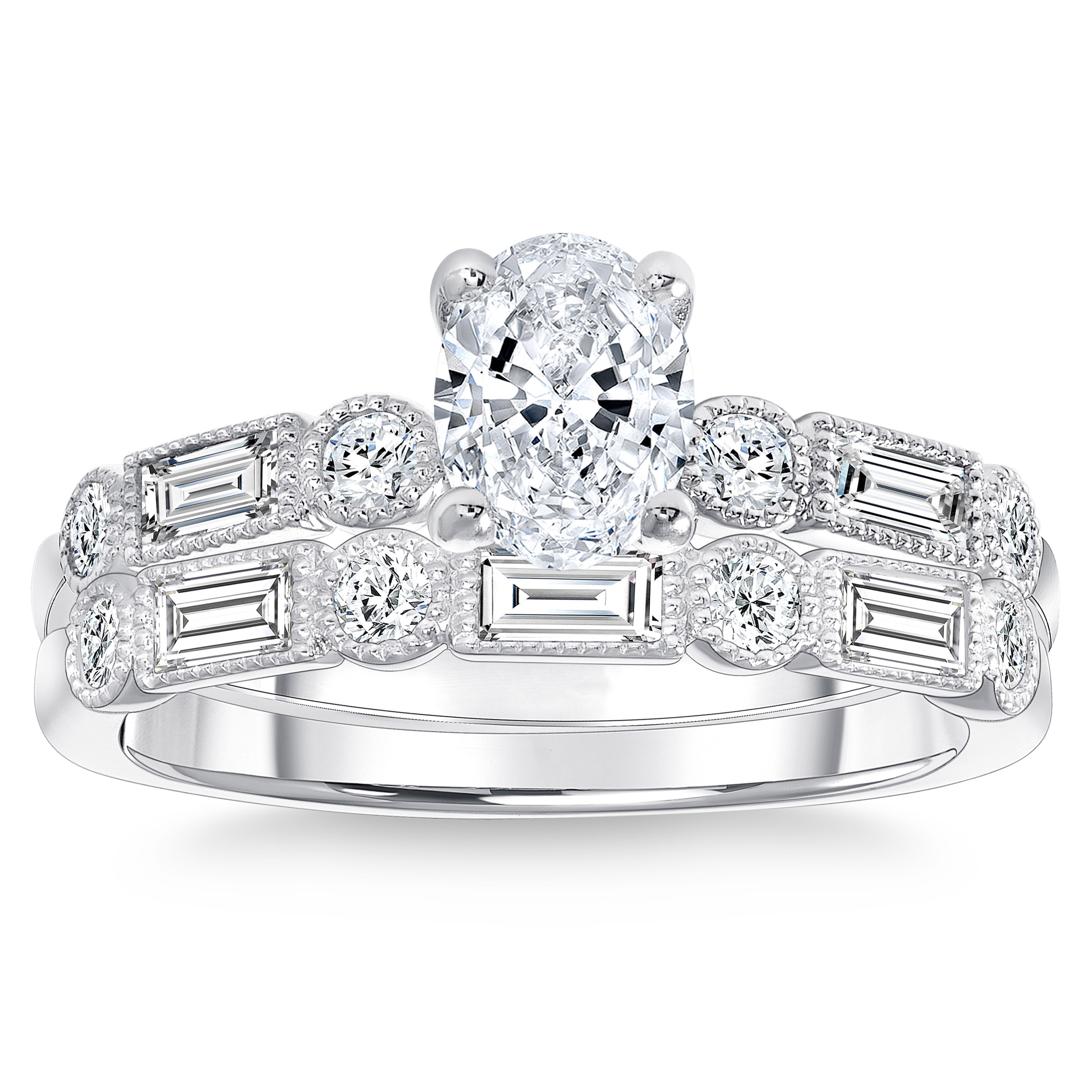 Oval Cut, Baguette, and Round Brilliant Diamond Wedding Set (1.41 ctw)