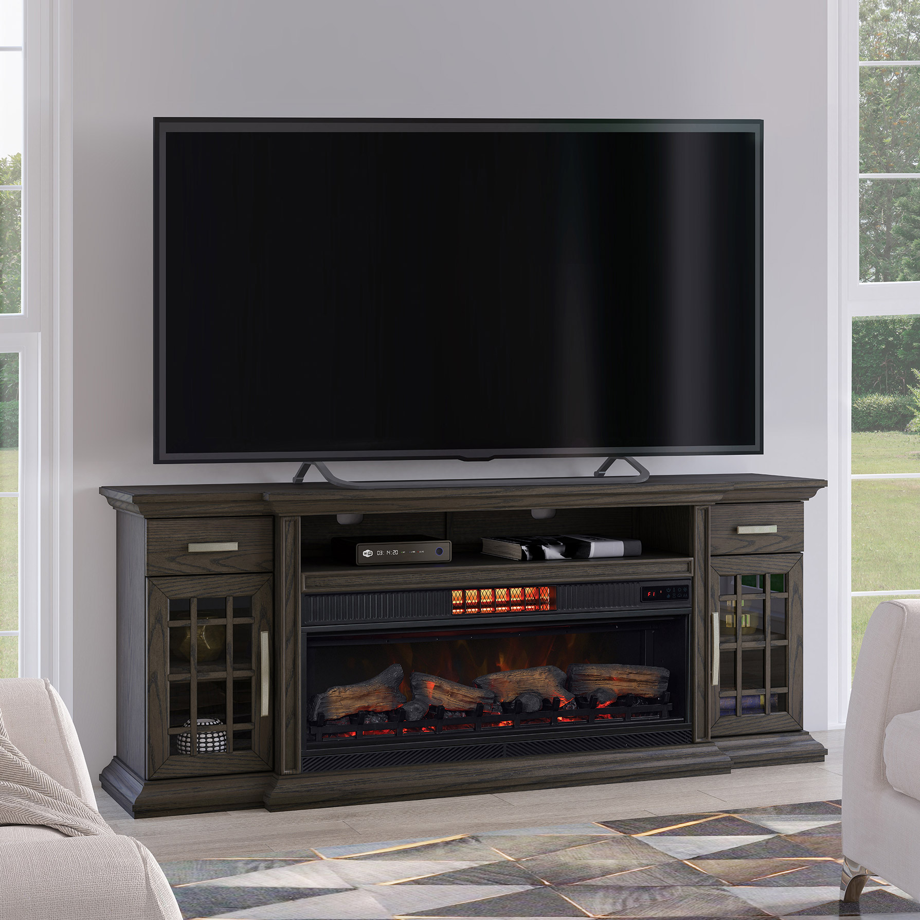 Tresanti Everett TV Console with ClassicFlame CoolGlow 2-in-1 Electric Fireplace and Fan  Brown
