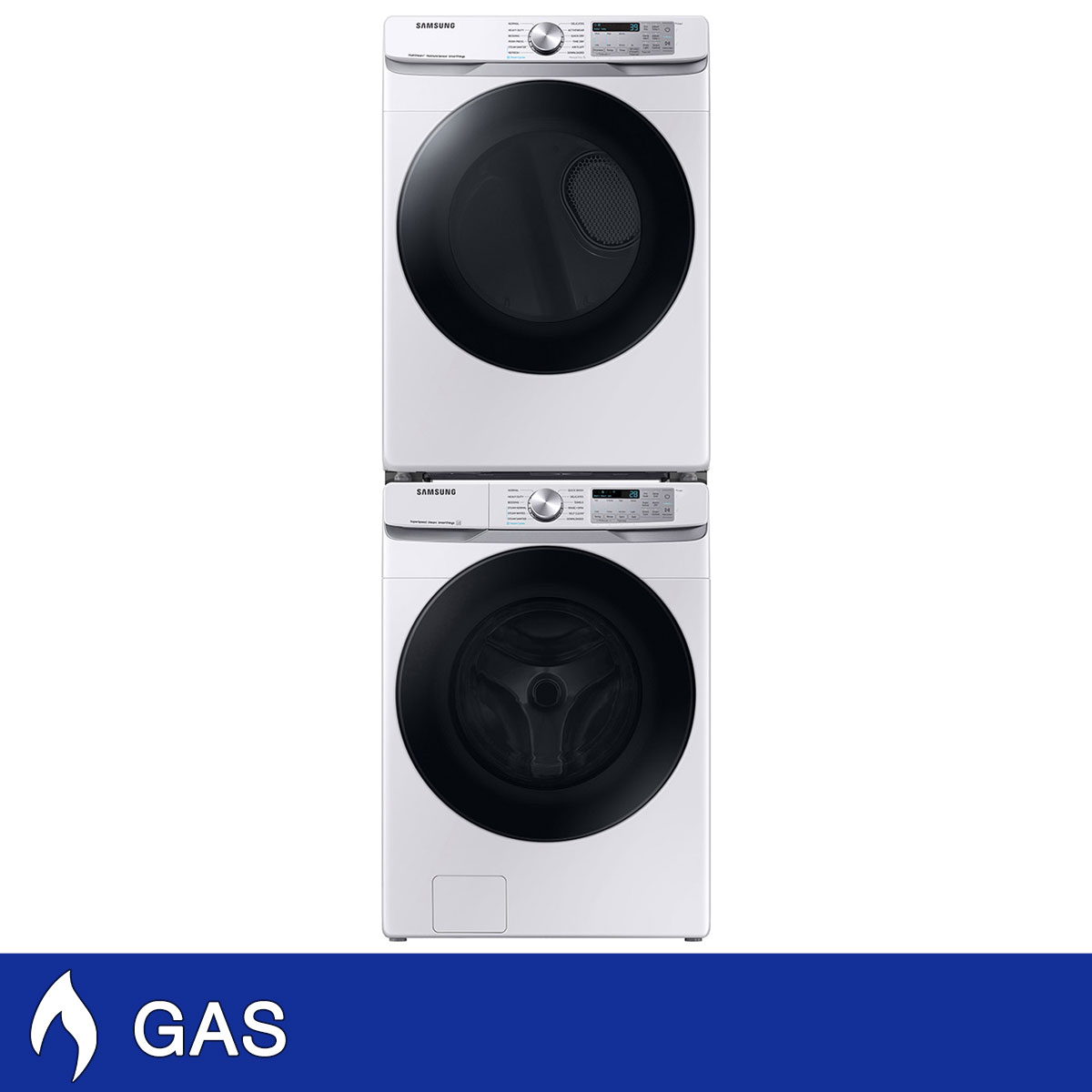 Samsung 4.5 cu. ft. Large Capacity Smart Front Load Washer with Super Speed Wash and 7.5 cu. ft. Smart GAS Dryer with Stacking Kit