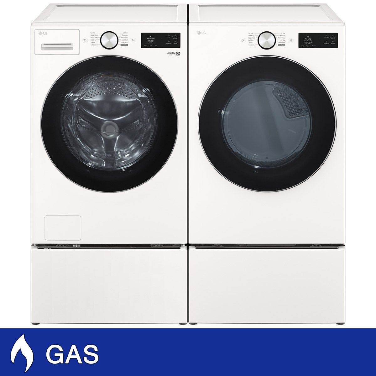 LG 5.0 cu. ft. Mega Capacity Smart Front Load Washer with TurboWash and LG 7.4 cu. ft. Ultra Large Capacity Smart Front Load Gas Dryer with Washer and Storage Pedestal