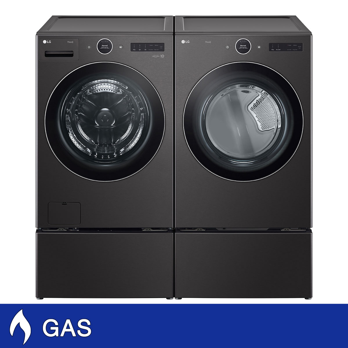 LG 5.0 cu. ft. Mega Capacity Smart Front Load Washer with AI DD 2.0 and 7.4 cu. ft. Ultra Large Capacity GAS Dryer with TurboSteam with Washer and Storage Pedestal