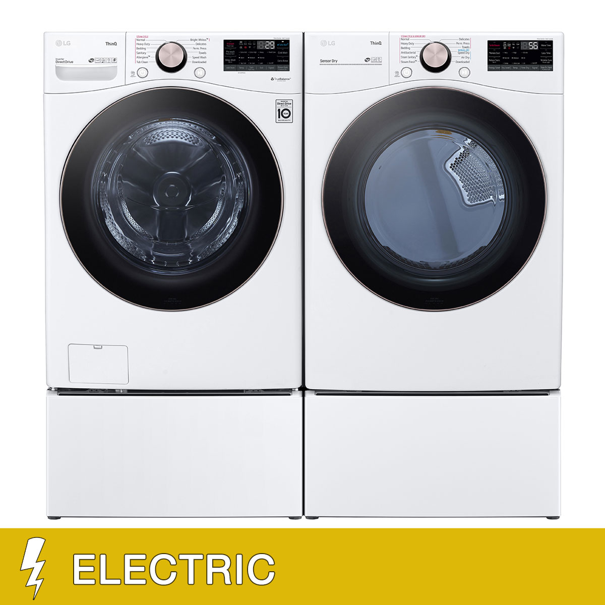 LG 4.5 cu. ft. Front Load Washer with TurboWash 360° and 7.4 cu. ft. ELECTRIC Dryer with TurboSteam and Built-In Intelligence with Storage Pedestals