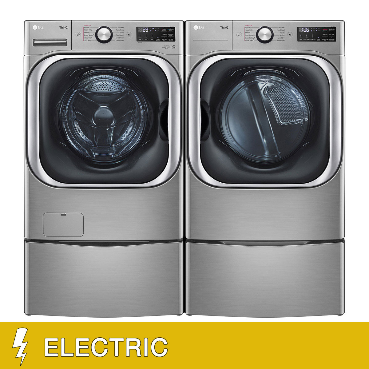 LG 5.2 cu. ft. Mega Capacity Front Load Washer and 9.0 cu. ft. Mega Capacity ELECTRIC Dryer with Built-In Intelligence with Storage Pedestals