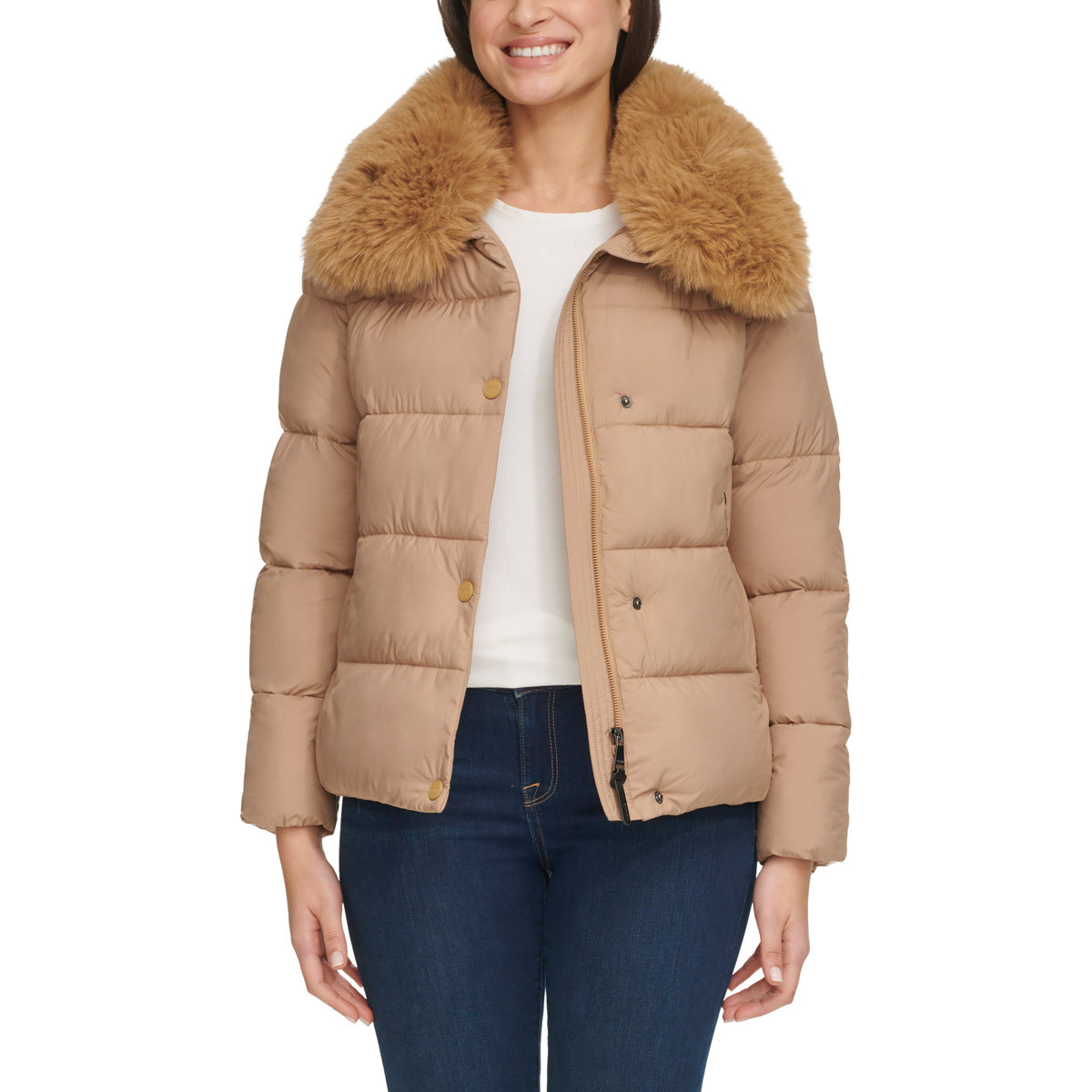 DKNY Women's Short Puffer with Removable Faux Fur Collar