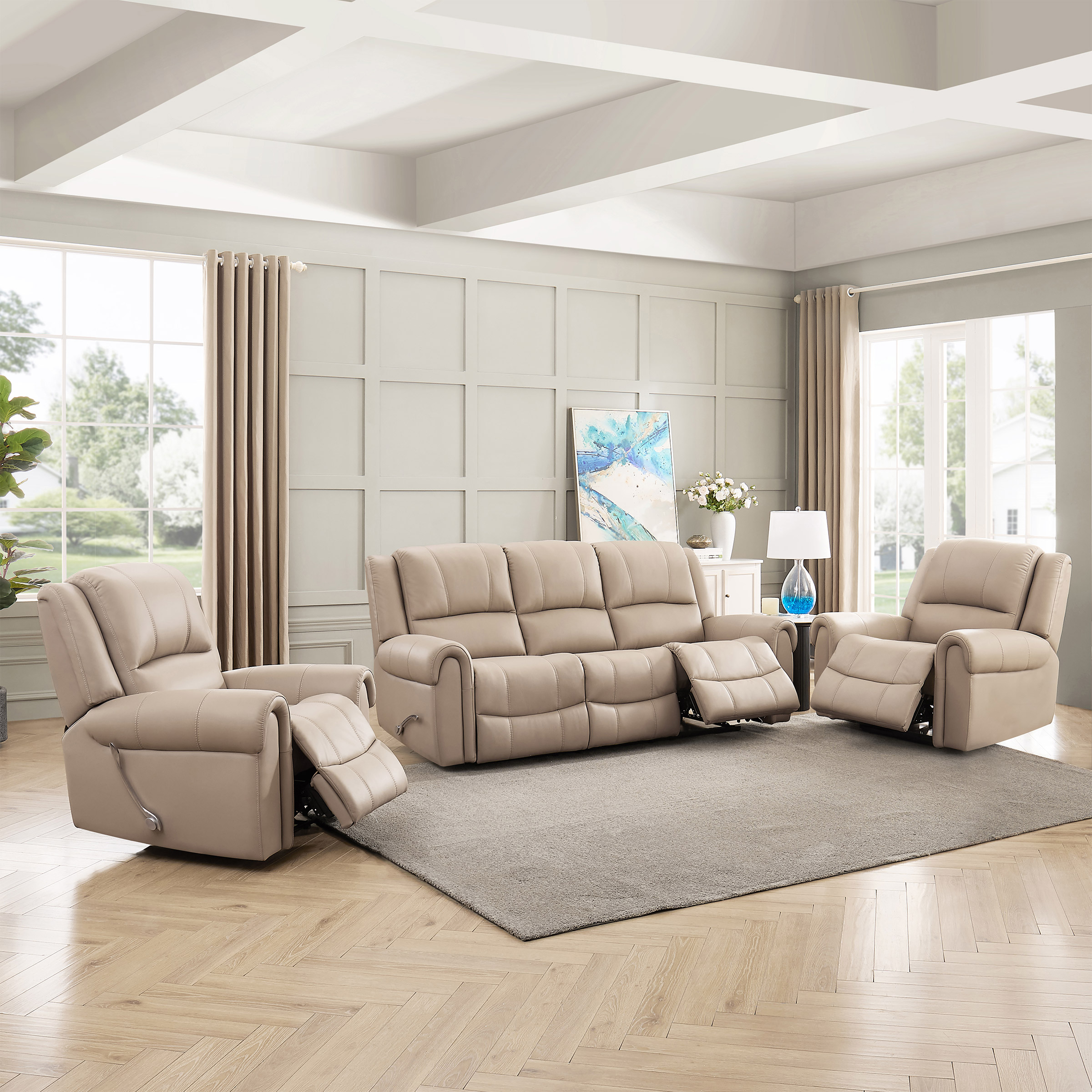 Prospera Home Santa Fe Top-grain Leather Sofa, and 2 Chairs with Manual Recline